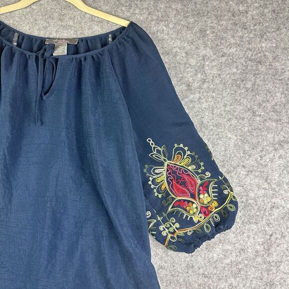 Olivia & Martin Woven Top Womens M Blue Embroidered Sleeves Boho Pullover Blouse - Picture 5 of 12